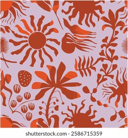 Seamless Abstract Pattern with Sun, Palm Trees and Leaves