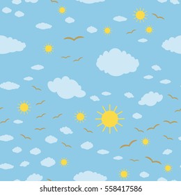 Seamless abstract pattern with sun and sky in the clouds. Vector illustration.