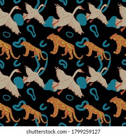 Seamless abstract pattern with swans and leopards. 