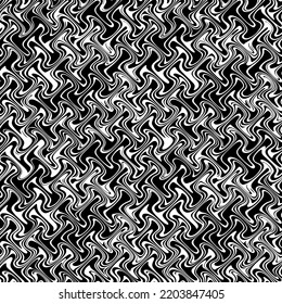 Seamless abstract pattern with swirls and waves on a black background. Liquefied lines in paint style. Wavy black and white stripes. Graphic texture for textile, wrapping, and graphic projects.