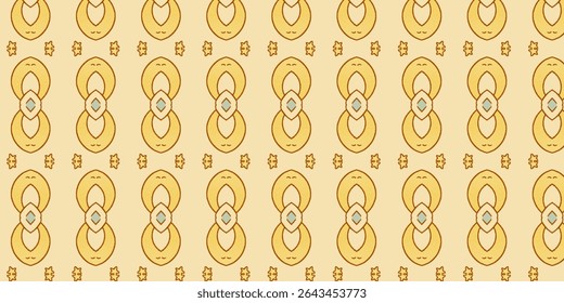 Seamless abstract pattern with symmetrical golden shapes and floral accents on a warm tan background. Ideal for textile, wallpaper, or decorative design. Pattern, abstract, seamless, symmetrical, flor