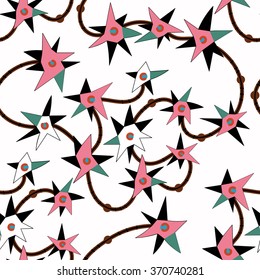 Seamless abstract pattern with tangled lines and colorful stars.