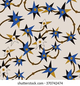 Seamless abstract pattern with tangled lines and colorful stars.
