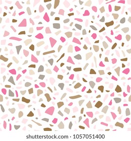 Seamless abstract pattern in terrazzo style. Pink, grey and brown elements on white background in vector.