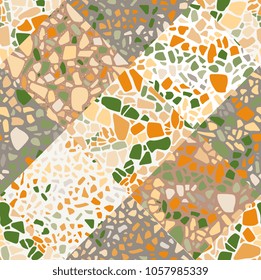 Seamless abstract pattern in terrazzo style. Unique patchwork background. Vector illustration.