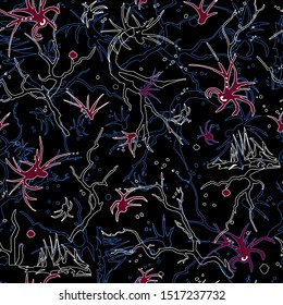 Seamless abstract pattern. Textile velvet ornament from endless silhouettes for fabric on a black background, wallpaper tile on the wall, paper.