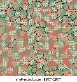 Seamless abstract pattern. This color texture is made up of seven-pointed stars. Fashionable background. The drawing can be easily edited. Above the picture is a network of small squares.