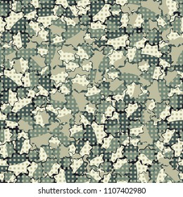 Seamless abstract pattern. This color texture is made up of seven-pointed stars. Fashionable background. The drawing can be easily edited. Above the picture is a network of small squares.