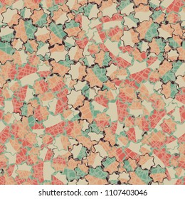 Seamless abstract pattern. This color texture is made up of seven-pointed stars. The drawing can be easily edited. Above the picture there is a network consisting of chaos of distorted squares.