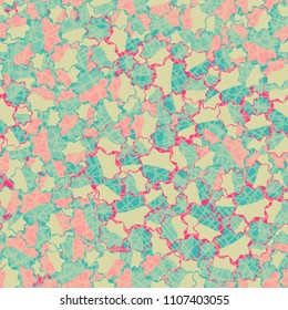 Seamless abstract pattern. This color texture is made up of seven-pointed stars. The drawing can be easily edited. Above the picture there is a network consisting of chaos of distorted squares.