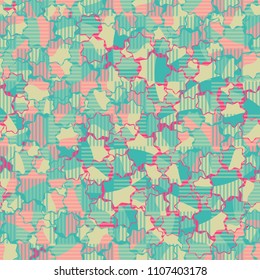 Seamless abstract pattern. This color texture is made up of seven-pointed stars. Fashionable. The drawing can be easily edited. Above the picture is a chess network consisting of striped squares.