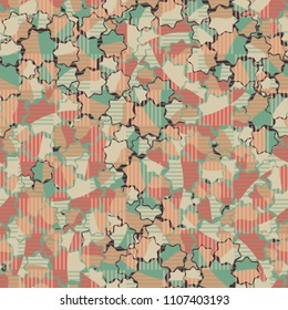 Seamless abstract pattern. This color texture is made up of seven-pointed stars. Fashionable. The drawing can be easily edited. Above the picture is a chess network consisting of striped squares.