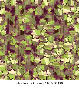 Seamless abstract pattern. This color texture is made up of seven-pointed stars. Fashionable. The drawing can be easily edited. Above the picture is a chess network consisting of striped squares.