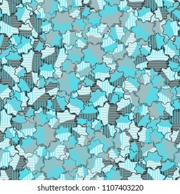 Seamless abstract pattern. This color texture is made up of seven-pointed stars. Fashionable. The drawing can be easily edited. Above the picture is a chess network consisting of striped squares.