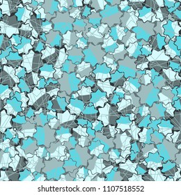 Seamless abstract pattern. This color texture is made up of seven-pointed stars. Above the drawing there is a network composed of randomly arranged squares drawn with thin lines. Easily editable.