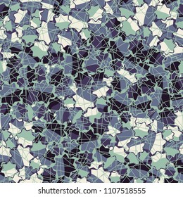 Seamless abstract pattern. This color texture is made up of seven-pointed stars. Above the drawing there is a network composed of randomly arranged squares drawn with thin lines. Easily editable.