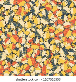 Seamless abstract pattern. This color texture is made up of seven-pointed stars. Above the drawing there is a network composed of randomly arranged squares drawn with thin lines. Easily editable.