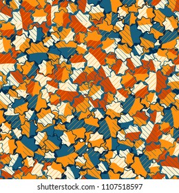 Seamless abstract pattern. This color texture is made up of seven-pointed stars. Fashionable background. The drawing can be easily edited. The image is covered with a network of thin diagonal lines.