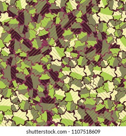 Seamless abstract pattern. This color texture is made up of seven-pointed stars. Fashionable background. The drawing can be easily edited. The image is covered with a network of thin diagonal lines.