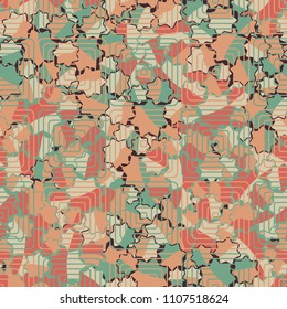 Seamless abstract pattern. This color texture is made up of seven-pointed stars. The drawing can be easily edited. The composition is supplemented by a network consisting of concentric squares.