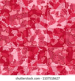 Seamless abstract pattern. This color texture is made up of seven-pointed stars. The drawing can be easily edited. The composition is supplemented by a network consisting of concentric squares.