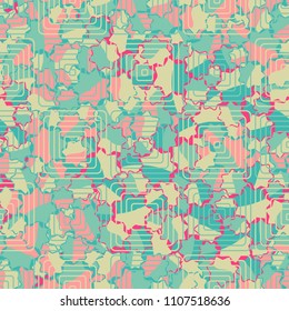 Seamless abstract pattern. This color texture is made up of seven-pointed stars. The drawing can be easily edited. The composition is supplemented by a network consisting of concentric squares.