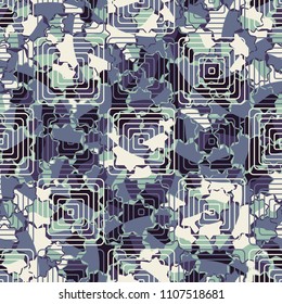 Seamless abstract pattern. This color texture is made up of seven-pointed stars. The drawing can be easily edited. The composition is supplemented by a network consisting of concentric squares.