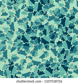 Seamless abstract pattern. This color texture is made up of seven-pointed stars. Fashionable background. The drawing can be easily edited. On this surface a network of fine lines is superimposed.