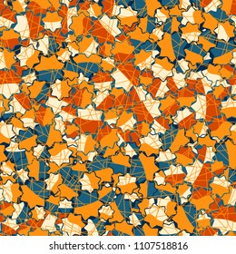 Seamless abstract pattern. This color texture is made up of seven-pointed stars. Above the drawing there is a network composed of randomly arranged squares drawn with thin lines. Easily editable.