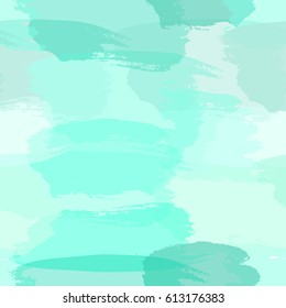Seamless abstract pattern with transparent brush strokes in light blue, turquoise green and teal blue, imitating watercolor paint. Modern and stylish background, gift paper, fabric design, wall art.