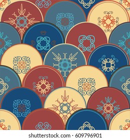Seamless abstract pattern of trendy colored abstract circles with vintage pattern in each. Can be used for wallpaper, surface textures, textile etc. Abstract  Design