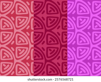 A seamless abstract pattern with triangle-inspired shapes in shades of red, burgundy, and pink. Perfect for textiles, wallpapers, and decorative projects.