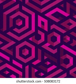 Seamless abstract pattern with triangles and hexagons and line. Bright color. Illusion 3d. Hexagonal elements