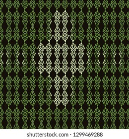 Seamless abstract pattern of triangles, squares and wavy lines.