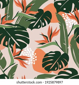 Seamless abstract pattern with tropical exotic monstera and palm leaves. Beautiful strelitzia flowers. Artistic ornament for fabric, wallpaper, posters. Vector graphics.