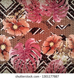 Seamless abstract pattern with tropical leaves and flowers and snake skin.