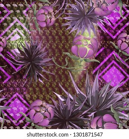 Seamless abstract pattern with tropical leaves and flowers and snake skin.