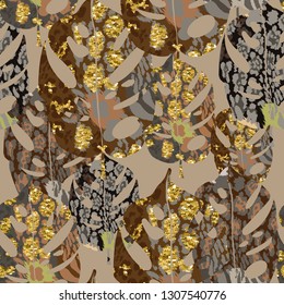 Seamless abstract pattern with tropical leaves and jaguar spots.