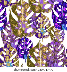 Seamless abstract pattern with tropical leaves and jaguar spots.