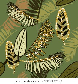 Seamless abstract pattern with tropical leaves and golden glitters.