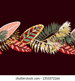 Seamless abstract pattern with tropical leaves and golden glitters.
