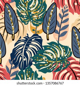 Seamless abstract pattern with tropical leaves and golden glitters.