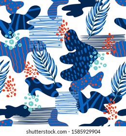 Seamless abstract pattern with tropical leaves. Vector.
