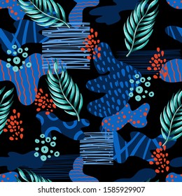 Seamless abstract pattern with tropical leaves. Vector.