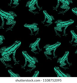 Seamless abstract pattern with tropical poison dart frogs. Based on hand drawn sketch.