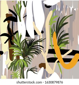 
Seamless abstract pattern. Tropics, exotic. Modern ethnic print with palm tree.