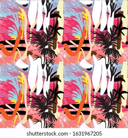 Seamless abstract pattern. Tropics, exotic. Modern ethnic print with palm tree.