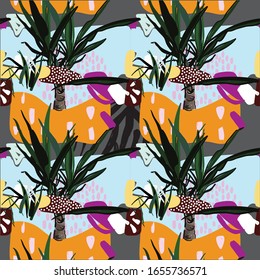 Seamless abstract pattern. Tropics, exotic. Modern ethnic print with palm tree.