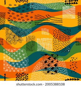Seamless abstract pattern of undulating patches decorated with hand-drawn ornaments of drops, plants, triangles and small spots. Fashionable print for fabric, bright wallpaper.