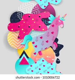 Seamless abstract pattern with unicorn in trendy vibrant colors. Vector illustration in paper cut style